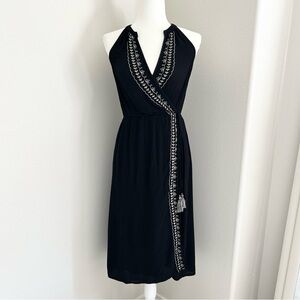 Knox Rose Midi Dress in Black White Embroidered Floral Tassels Wrap Style Summer